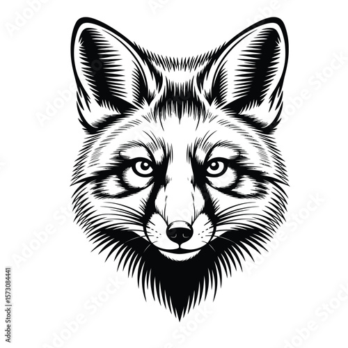 Red fox face with upright ears and sly expression in black and white vector with detailed fur texture and subtle shading