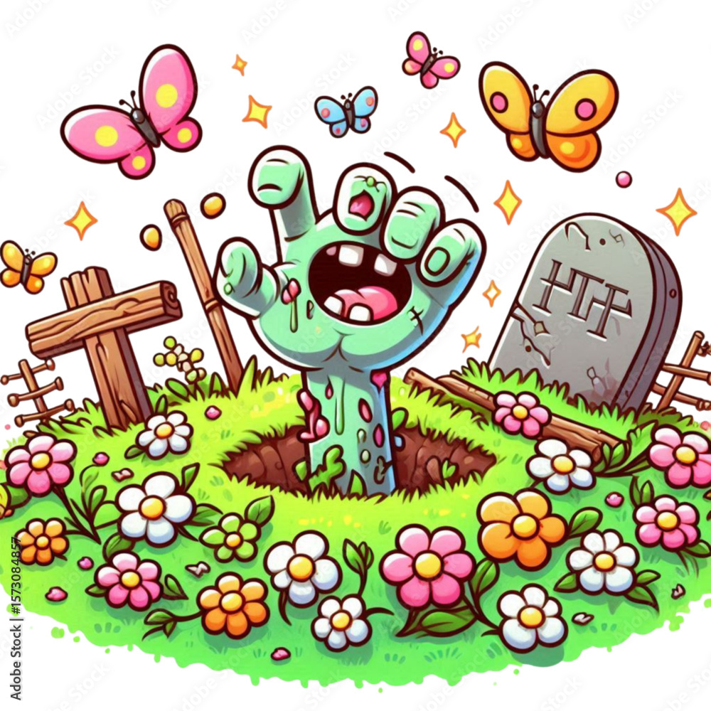 Fototapeta premium Cute Cartoon Zombie Hand Emerging from Grave with Flowers