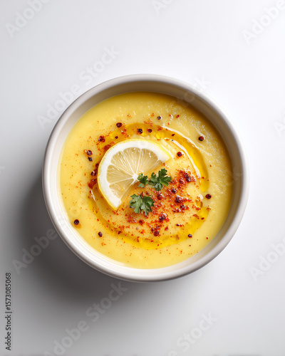 Creamy Turkish mercimek lentil soup topped with lemon slice, oil and chili flakes
