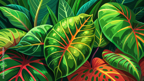 Very beautiful Close up tropical nature green leaf caladium texture background.