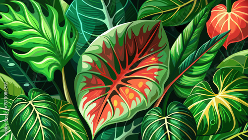 Very beautiful Close up tropical nature green leaf caladium texture background.