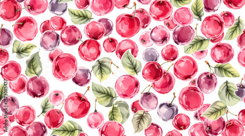 Watercolor red cherries on white background seamless vector pattern	