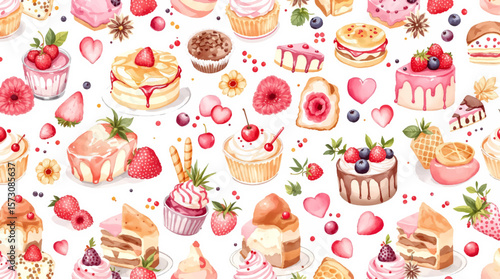 Watercolor Sweet desserts pattern on white background
