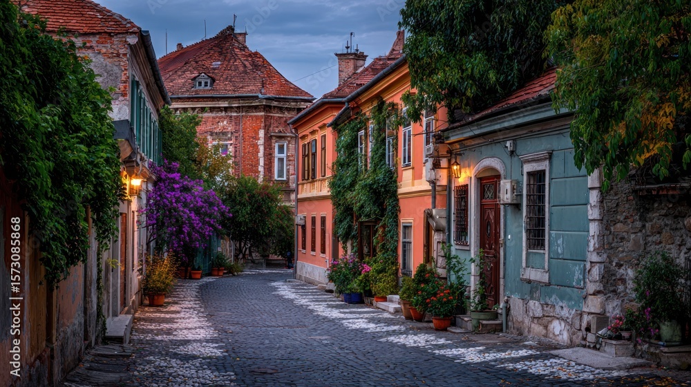 Cobblestone street in old town at dusk, colorful buildings and lush vegetation Cobblestone street in old town at dusk, colorful buildings and lush vegetation