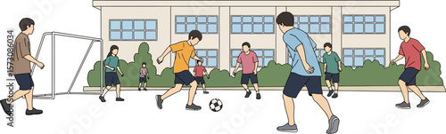 Illustration of children playing soccer game outside school building vector art