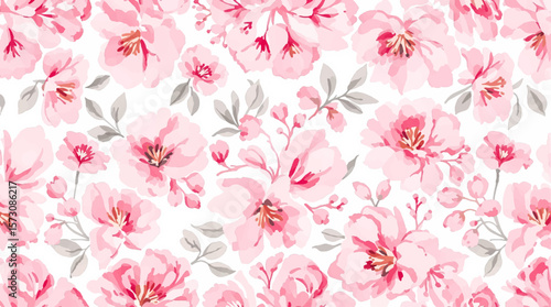 Watercolor floral seamless pattern with hand-painted blush pink flowers and green leaves on white background. Botanical print.	
