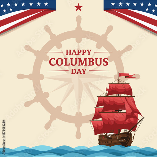 Columbus Day copy space Background Celebration with America flag and Columbus ship silhouette