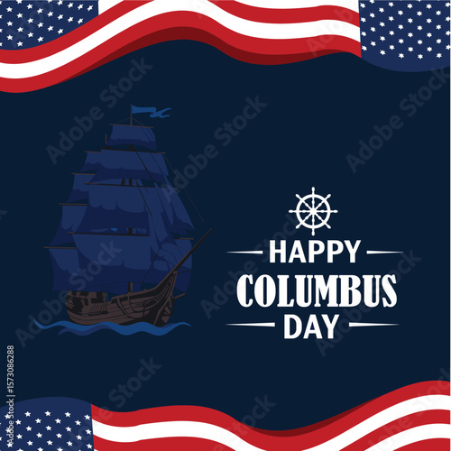 Columbus Day copy space Background Celebration with America flag and Columbus ship silhouette