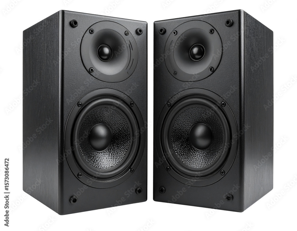 Fototapeta premium Pair of Black Music Audio Speakers Front View, Isolated on White PNG