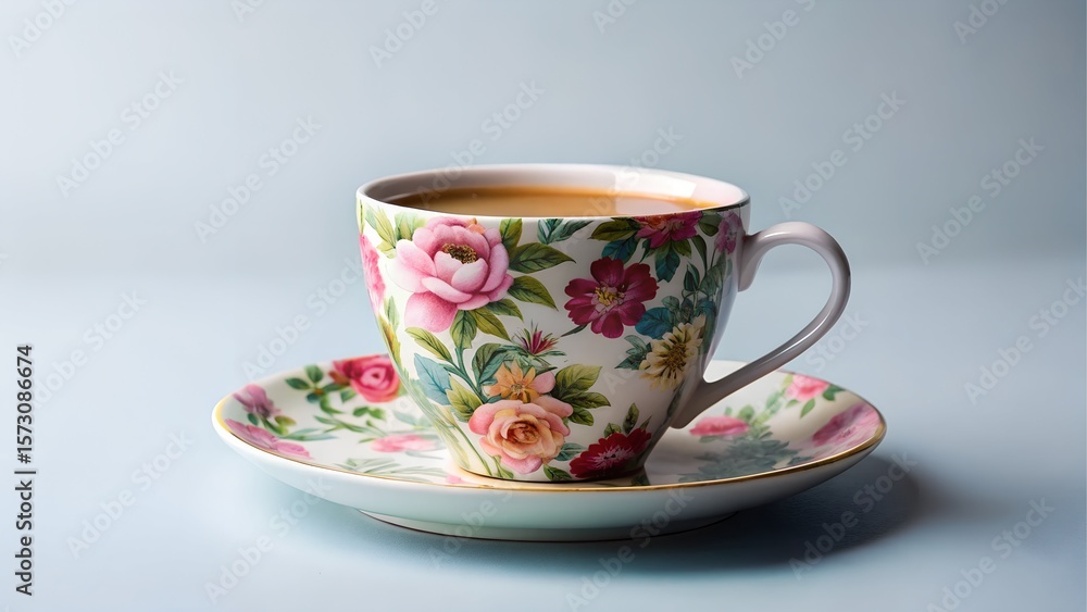 Fototapeta premium Elegant Floral Tea Cup and Saucer on Light Blue Background
