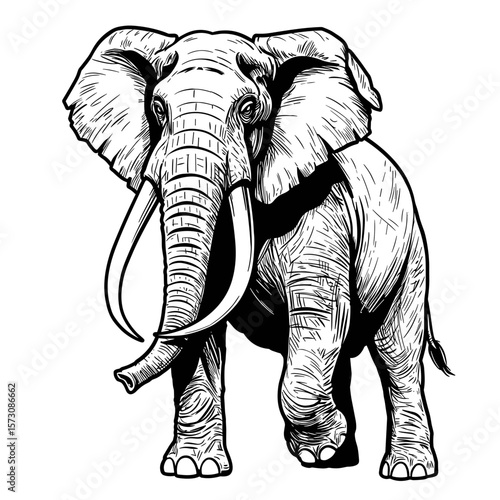 Ink drawing of a standing elephant with tusks and large ears,  Suitable for eco-brands, zoological projects, interior design, educational publications 
