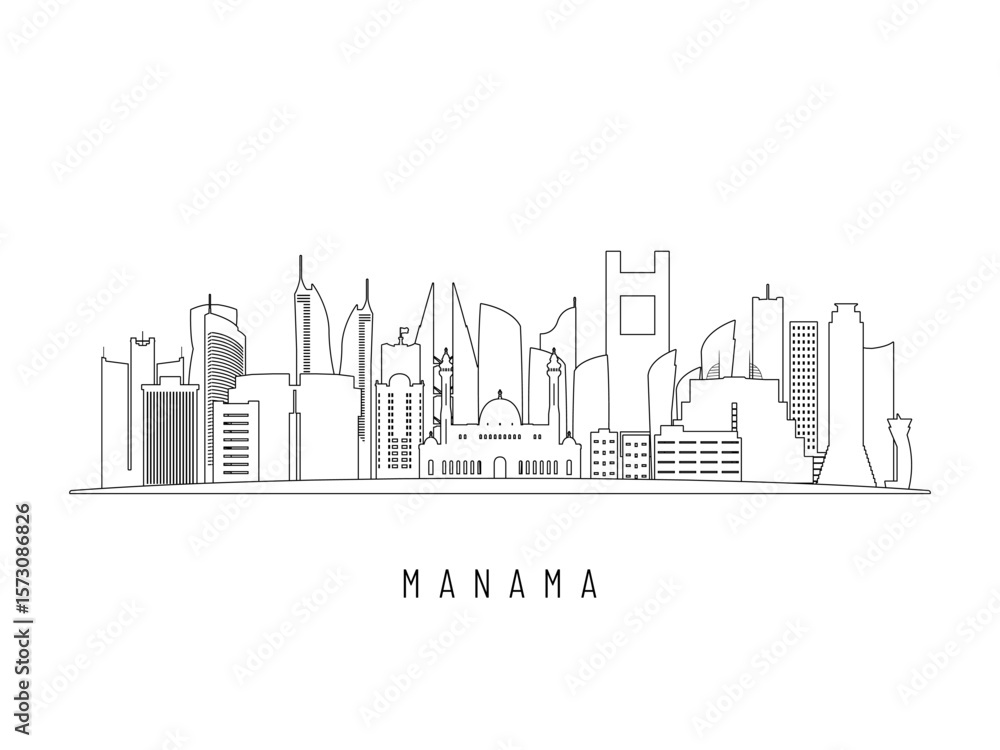 Obraz premium Detailed Manama skyline vector illustration. Manama buildings in line art style, perfect for modern designs.