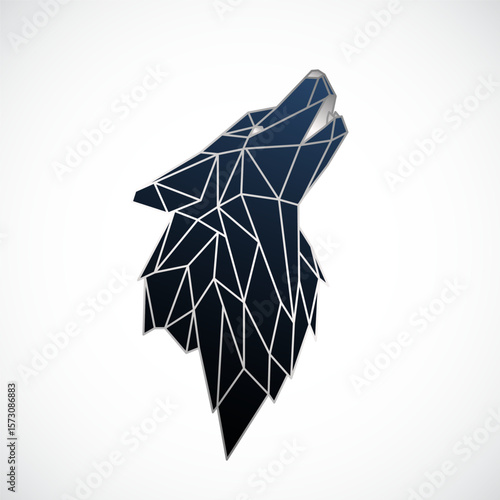 Geometric wolf head in blue tones, modern abstract style, sharp lines.