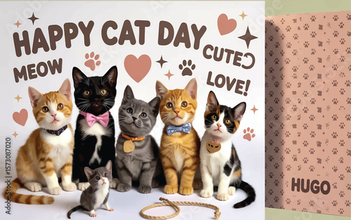 A cute cartoon illustration of multiple cats arranged on a white background with various text elements and decorative elements