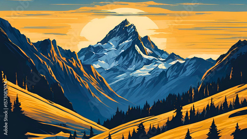 Mountain Sunset Landscape, Alpine Golden Hour, Majestic Peak Valley, Scenic Nature View, Outdoor Adventure Dusk.

