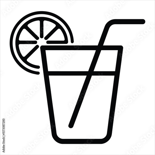 Refreshing Drink Icon Lemon Slice, Straw, Glass