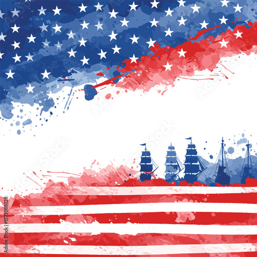 Columbus Day copy space Background Celebration with America flag and Columbus ship silhouette