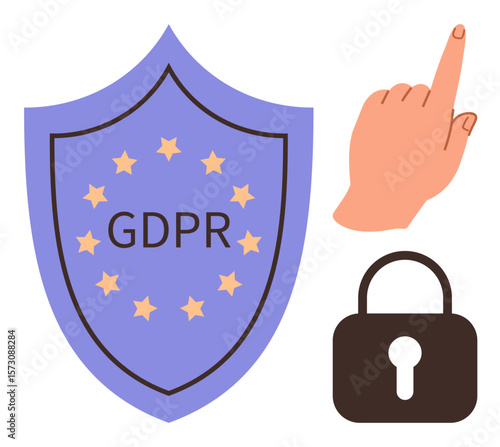 GDPR shield with stars, padlock for security, and pointing hand addressing consent, privacy, or control. Ideal for data security, privacy law, digital rights, compliance IT policy technology