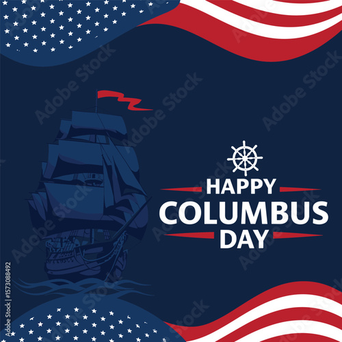Columbus Day copy space Background Celebration with America flag and Columbus ship silhouette