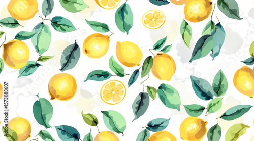 Lemon seamless border fruit illustration, cute citrus watercolor digital file on a white background close up	