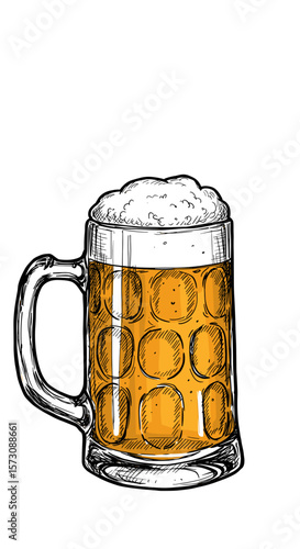 Sketch of a glass beer mug filled with frothy beer on a white background, copy space