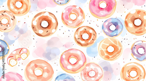 Watercolor background pattern donuts on white background
