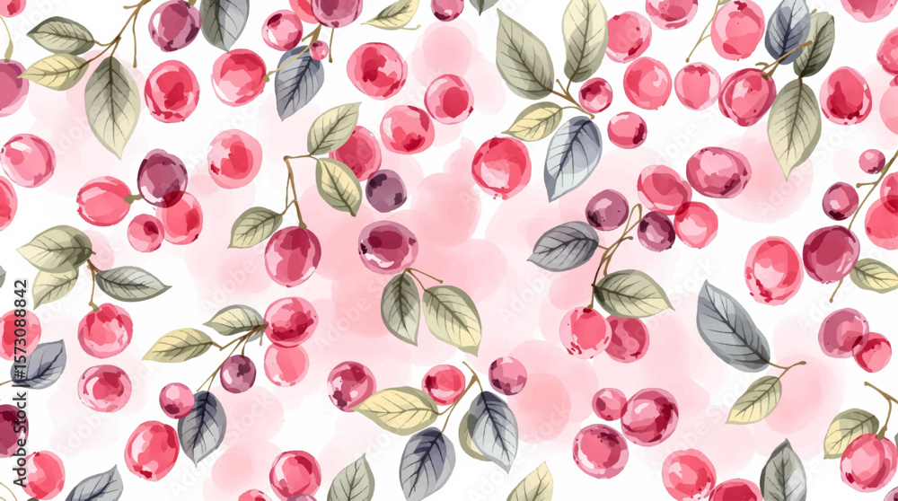 Watercolor pattern red cherries on white background seamless vector pattern