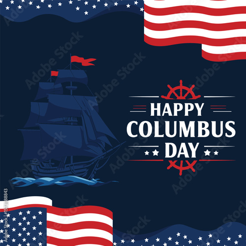 Columbus Day copy space Background Celebration with America flag and Columbus ship silhouette