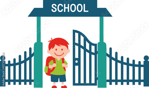 Illustration of a boy going to school at the school gate vector graphic