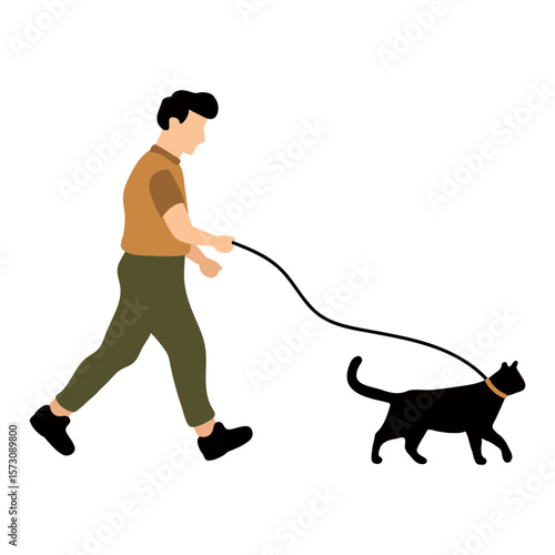 Illustration of Man Walking Cat on Leash