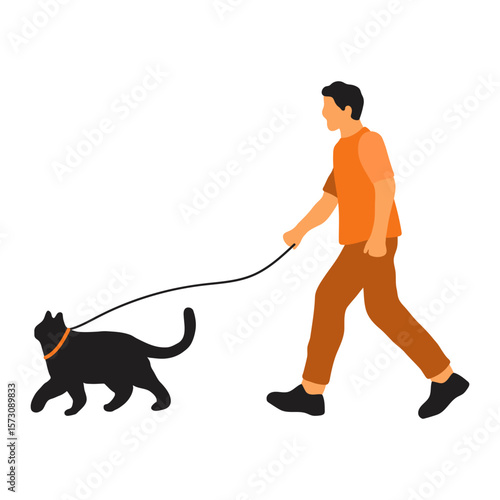 Illustration of Man Walking Cat on Leash