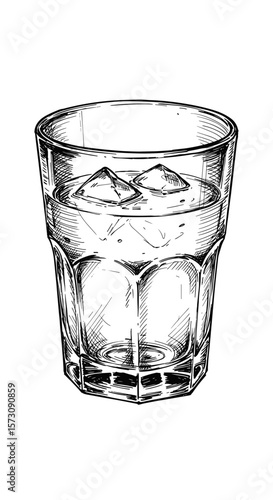 Sketch of a glass tumbler with ice cubes and clear liquid on a white background, copy space

