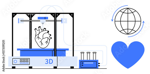 Advanced 3D printer crafting human heart with global connection and heart symbols nearby. Ideal for medical innovation, technology, healthcare, futurism, sustainability, science, simple landing page