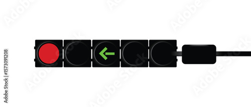 Modern traffic light with red stop signal and green arrow indicating permitted left turn isolated on white background.