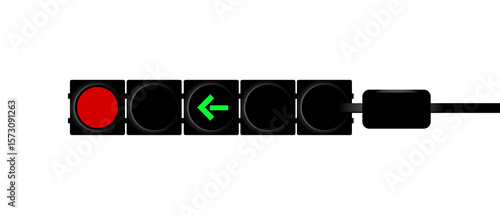 Modern traffic light with red stop signal and green arrow indicating permitted left turn isolated on white background.