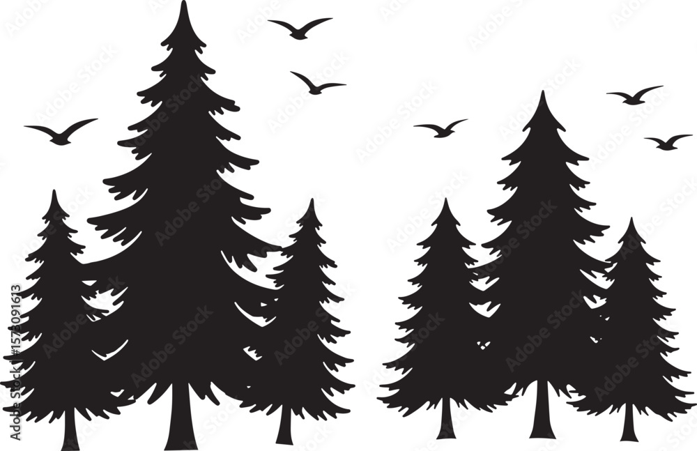 Obraz premium Collection of evergreen trees in a distinctive silhouette style
