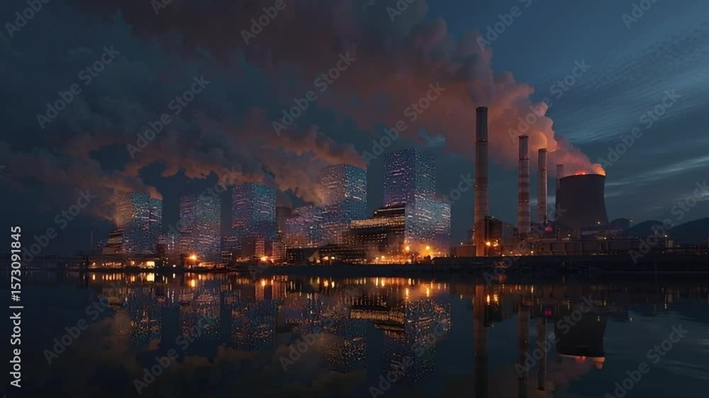 Urban skyline at dusk with industrial area and smoke rising Urban skyline at dusk with industrial area and smoke rising
