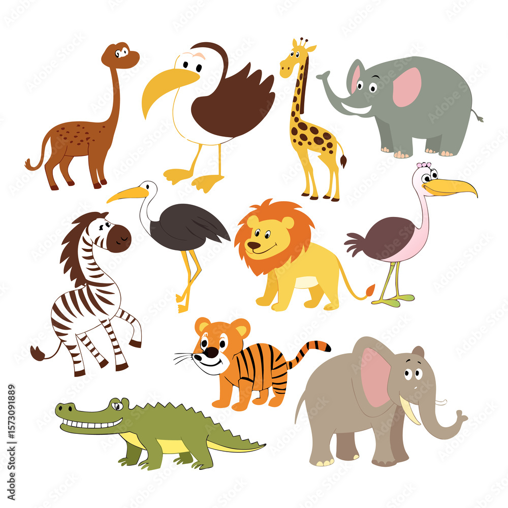 Fototapeta premium Cartoon Animal Collection with Wild Zoo Pets and Cute Creatures in Vector Set