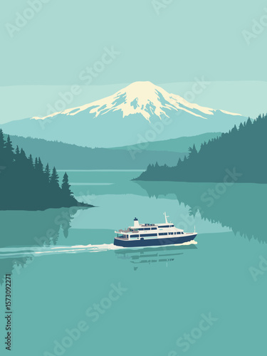 Seattle - Puget Sound ferry gliding past emerald green islands under misty cobalt sky