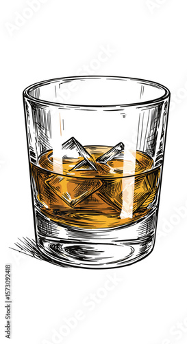 Sketch of a whiskey glass with ice cubes on a white background, copy space