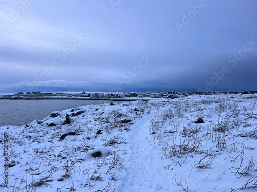 Distant view of people hiking a marked route in an expansive Antarctic landscape on snow covered Half Moon Island with a background of the snowy coastal mountains of Livingstone Island in Antarctica