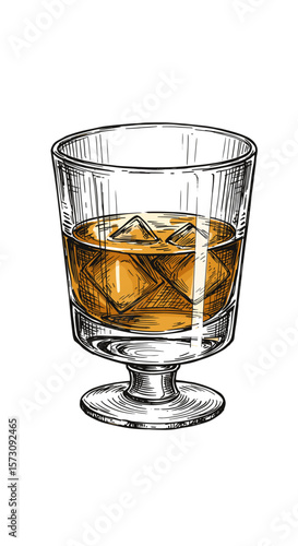 Sketch of a brandy glass with whiskey and ice on a white background, copy space