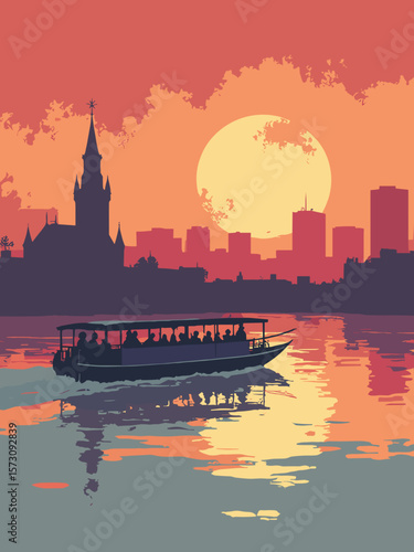 New Orleans - Mississippi River paddleboat afloat under sunset in gold, crimson, and charcoal