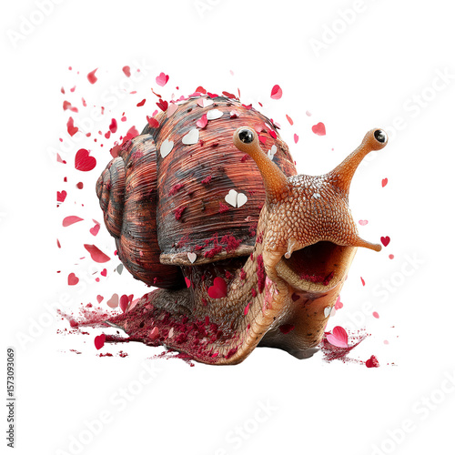 Romantic Snail in a Shower of Hearts and Petals