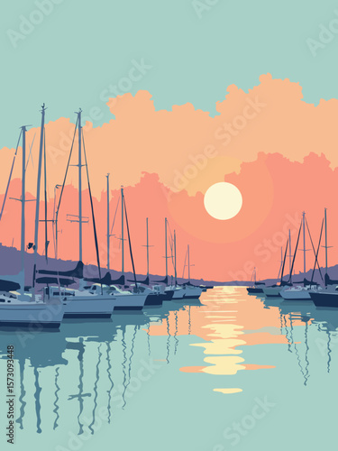 Southampton - marina full of sailboats under sunset in coral, navy, and pale aqua