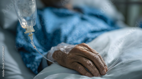 Closeup of a Patient's Hand Receiving an IV Drip in a Hospital Bed