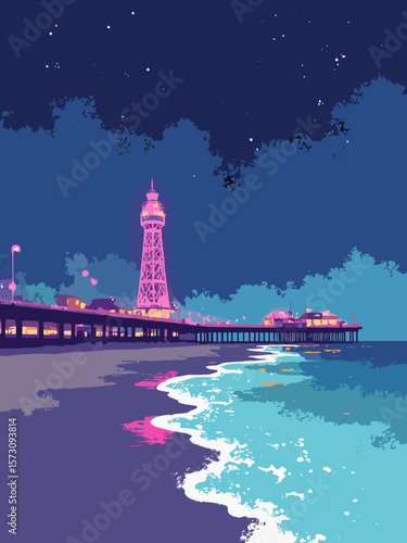 Blackpool - neon-lit beachfront with piers and surf in aqua, neon pink, and deep blue
