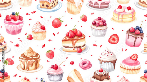 Watercolor Sweet desserts pattern on white background
