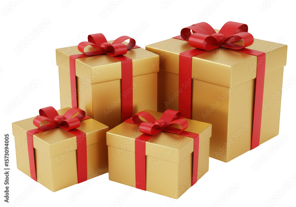 Obraz premium Four golden gift boxes with red ribbons isolated on transparent background