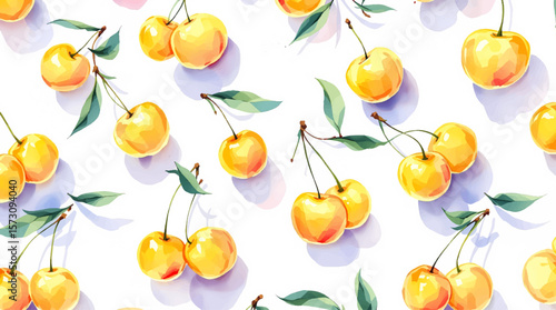 Watercolor yellow cherries on white background seamless vector pattern	